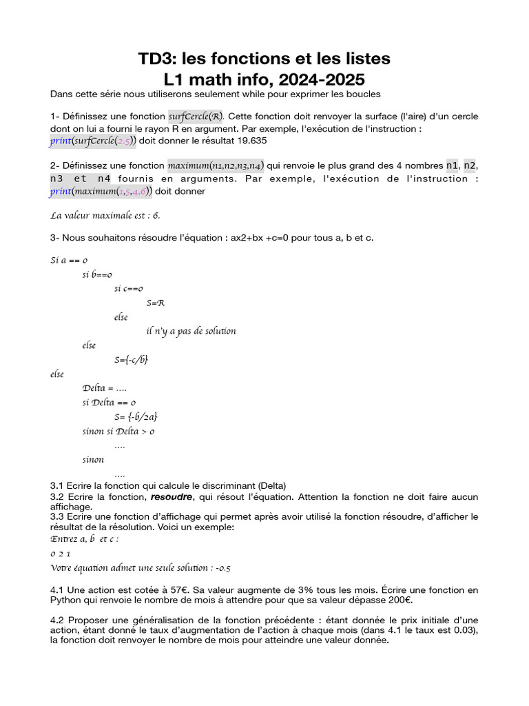 Fonctions et listes en Python 2024-2025 | PDF
