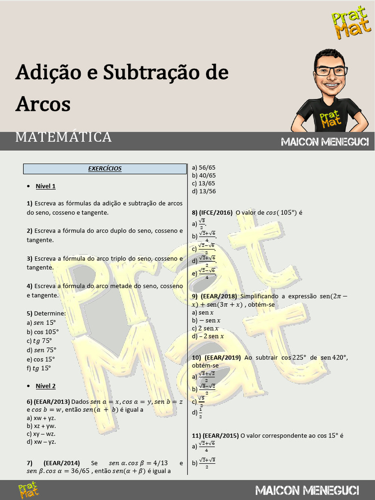 Exercícios de Adição e Subtração de Arcos | PDF | Funções especiais ...
