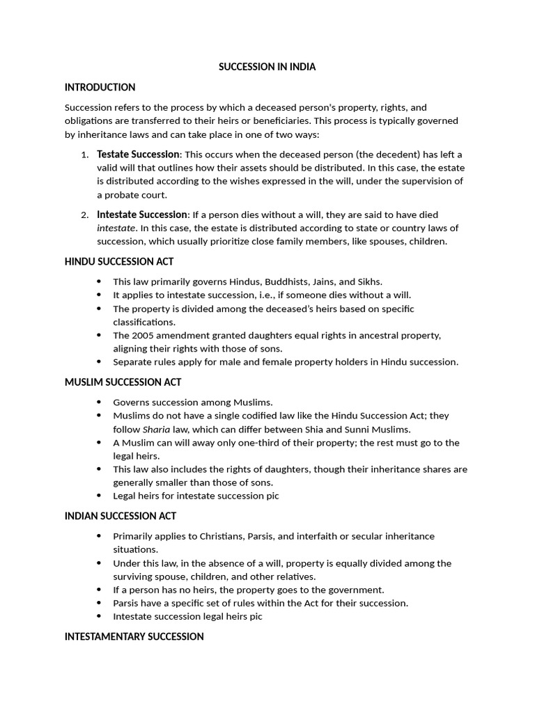 Indian Succession Laws Overview | PDF | Will And Testament | Intestacy