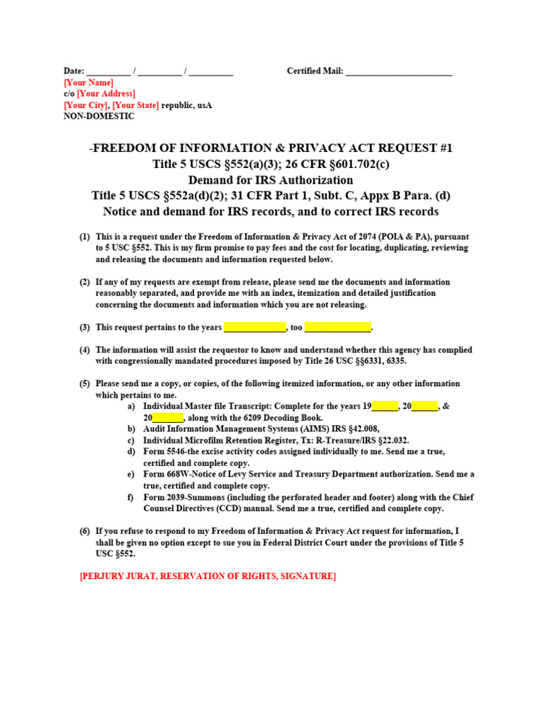 IRS FOIA Request for Personal Records | PDF | Freedom Of Information ...