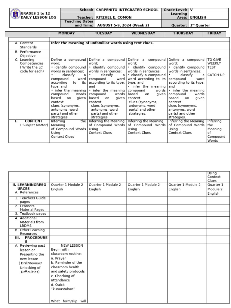 DLL WEEK 2 ENG (2024-2025) | PDF | Word | Learning
