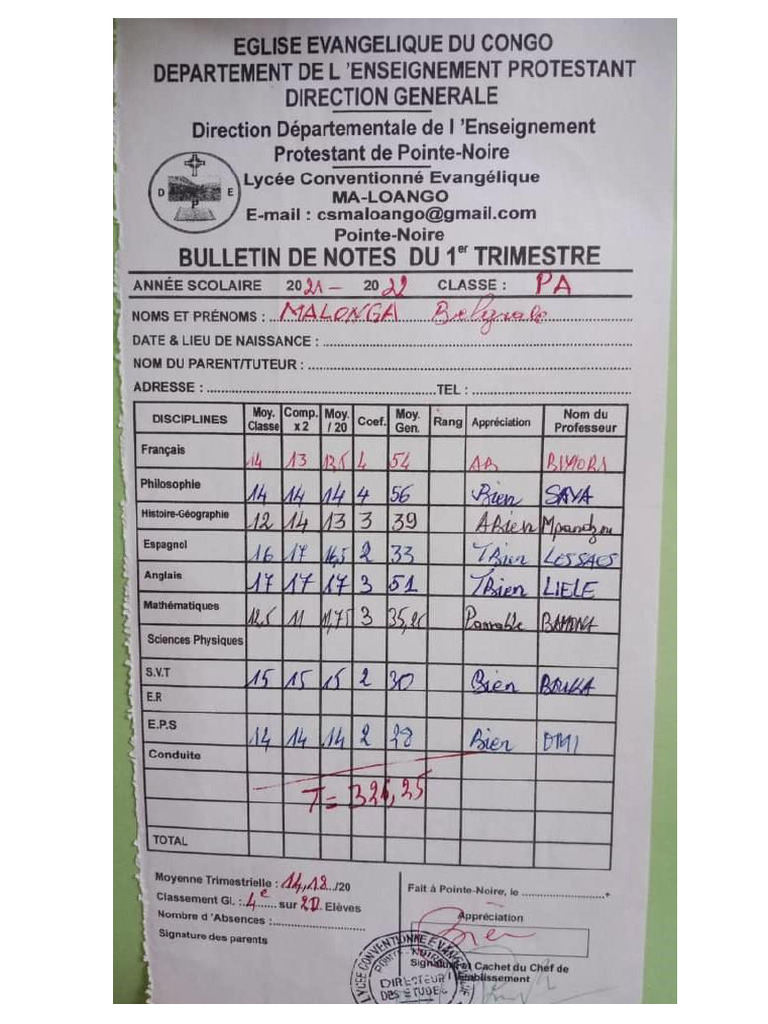 Relevé de Notes Première | PDF