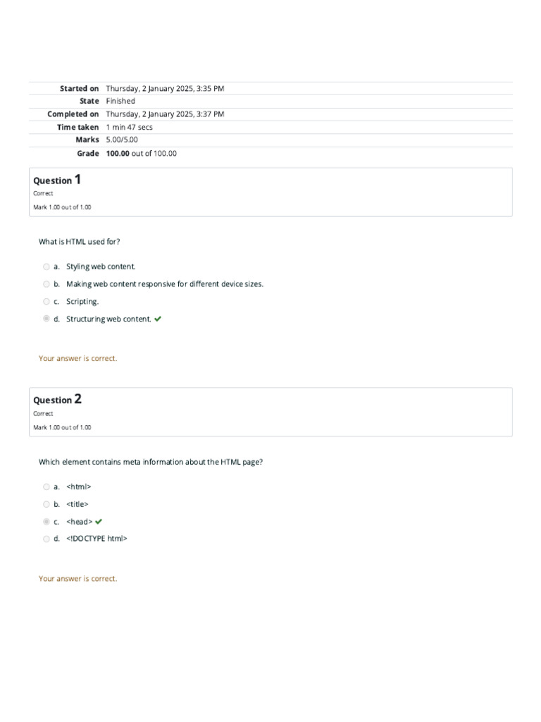 HTML, CSS, JavaScript Quiz Results | PDF