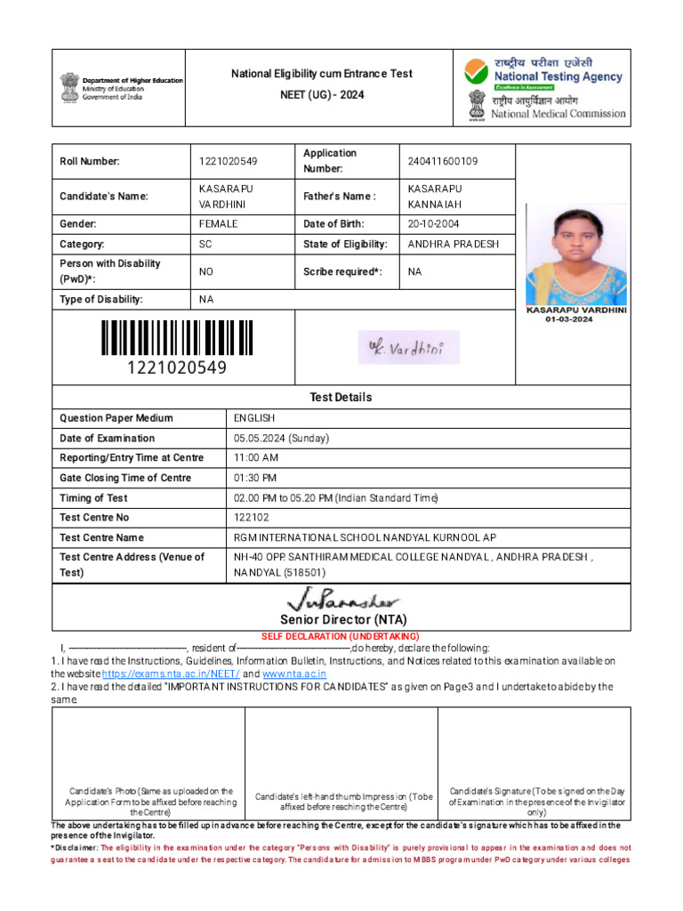 Neet Admit Card 2024 | PDF | Identity Document