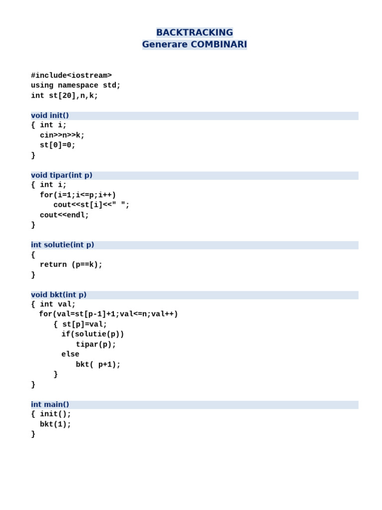 ..1. Probleme Rez. CPP - Generare COMBINARI - Backtracking | PDF