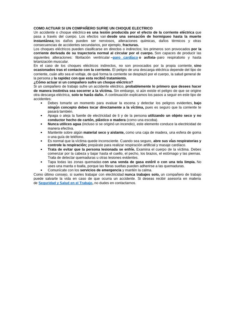 Como Actuar Si Un Compañero Sufre Un Choque Electrico | PDF | Electricidad