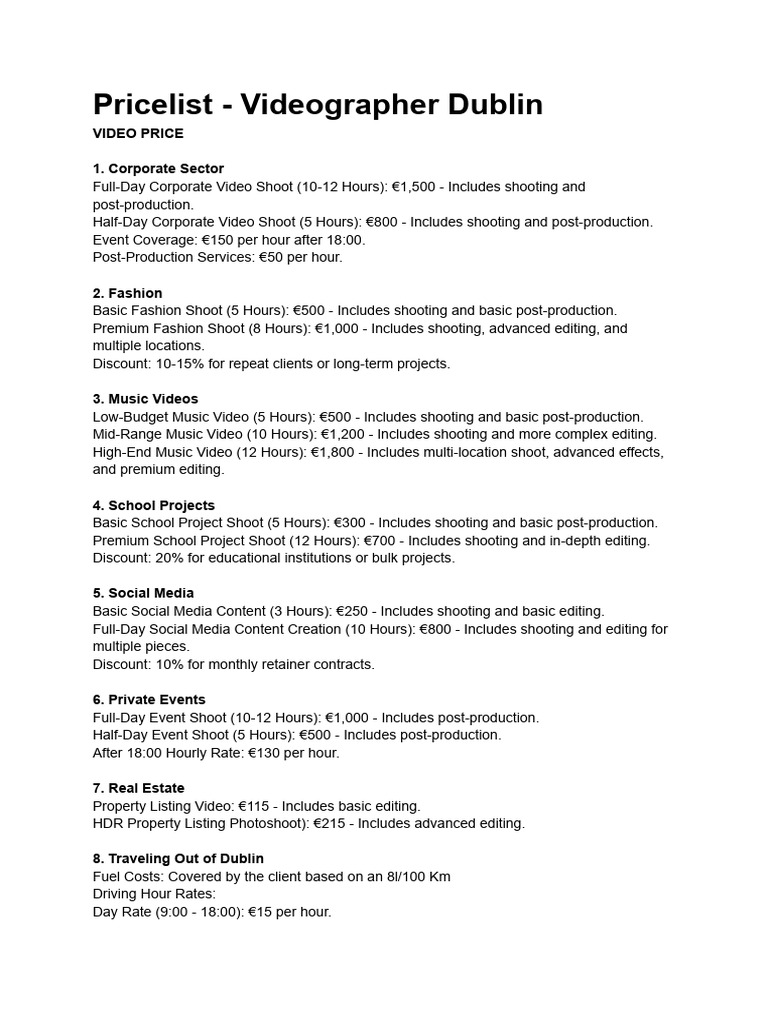 Videography and Photography Pricelist Dublin | PDF | Editing