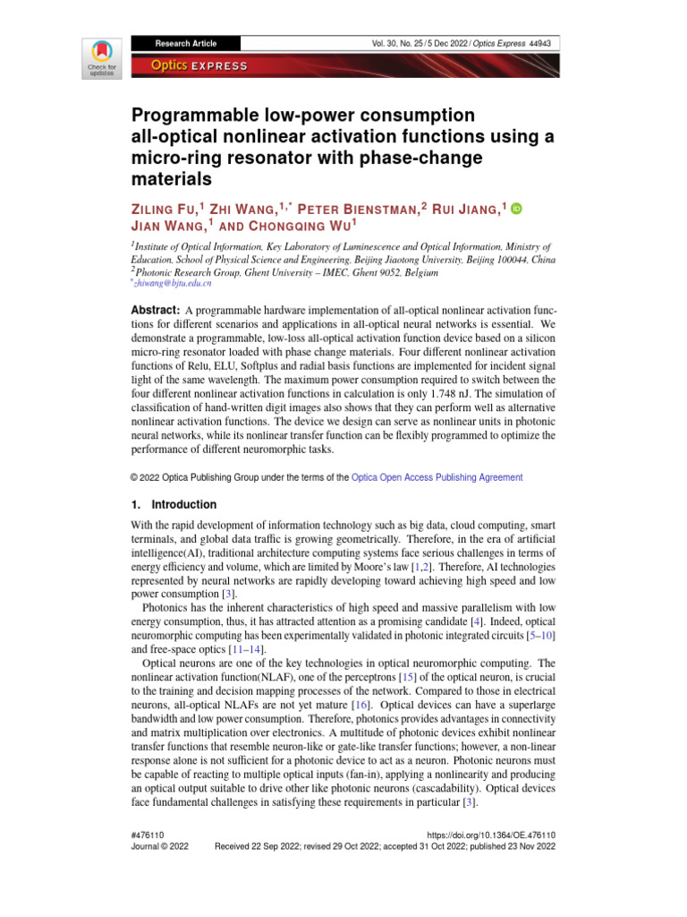 Low-Power All-Optical Activation Functions | PDF | Nonlinear Optics ...