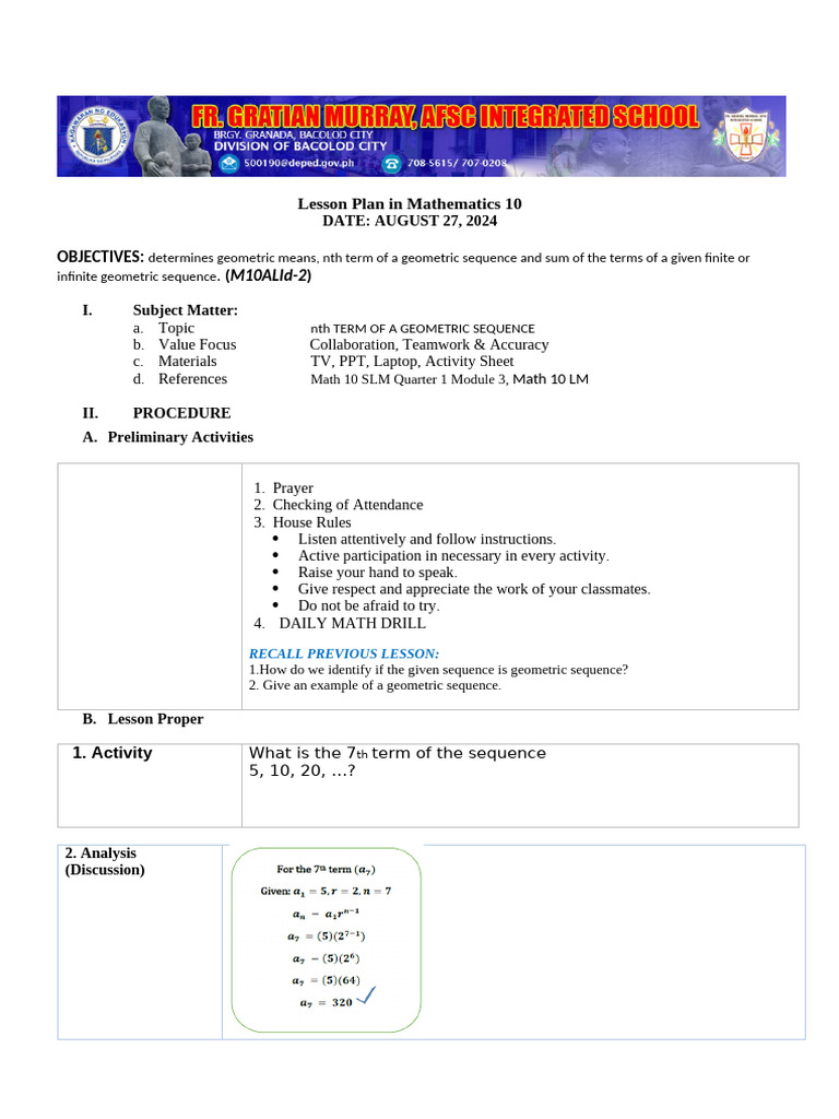 Geometric Sequences Lesson Plan | PDF | Sequence | Mathematics