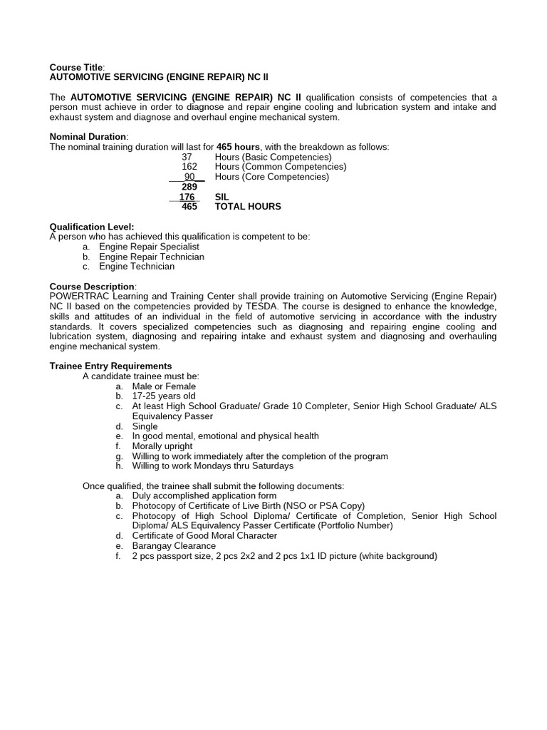Automotive Servicing NC II Overview | PDF | Occupational Safety And ...