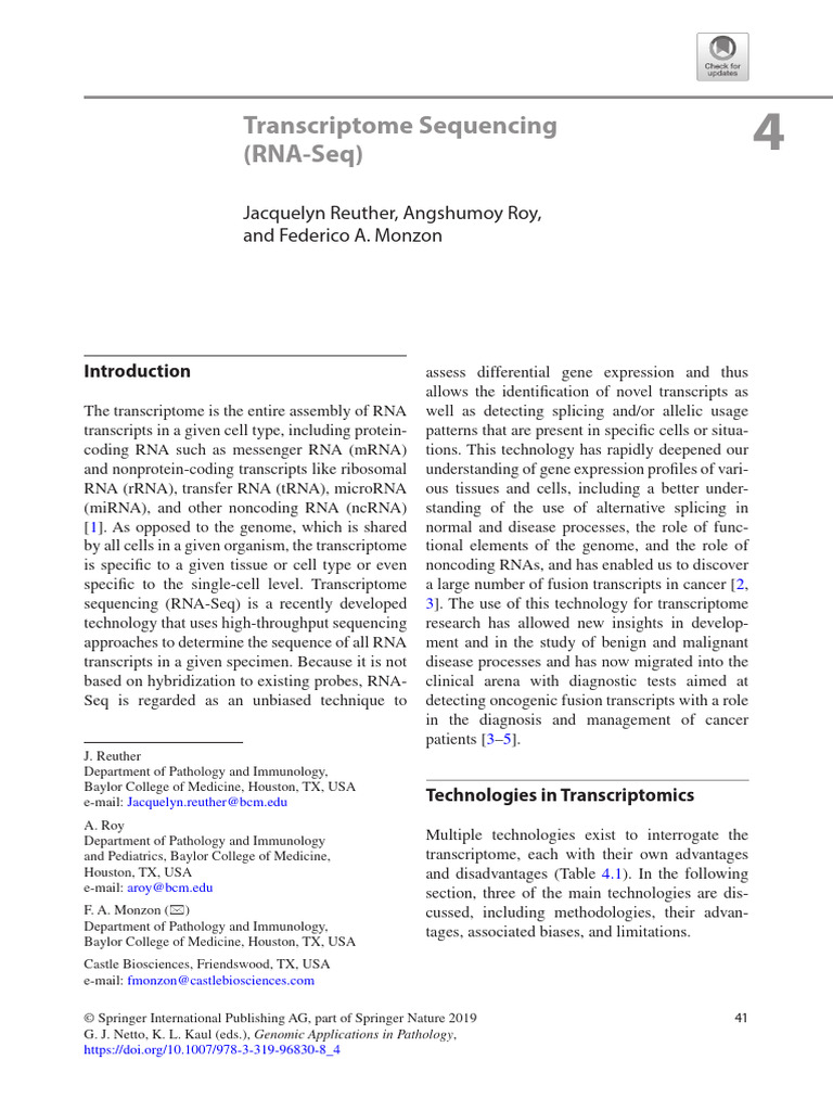 Transcriptome Sequencing (RNA-Seq) : Jacquelyn Reuther, Angshumoy Roy ...
