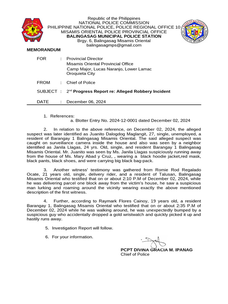 Progress Report on Balingasag Robbery | PDF