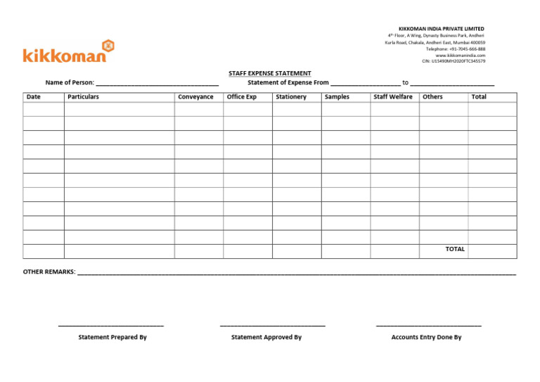 Kikkoman India Staff Expense Statement | PDF