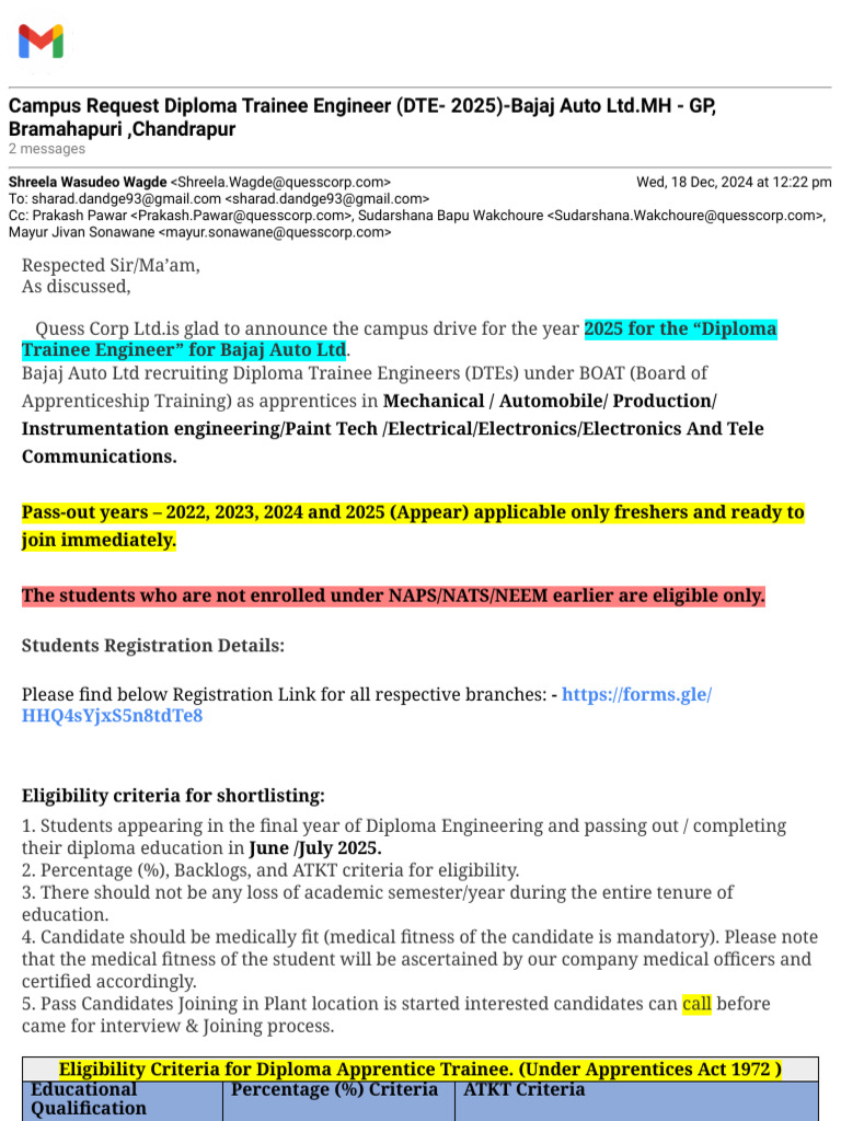 Bajaj Auto Diploma Trainee Engineer 2025 | PDF