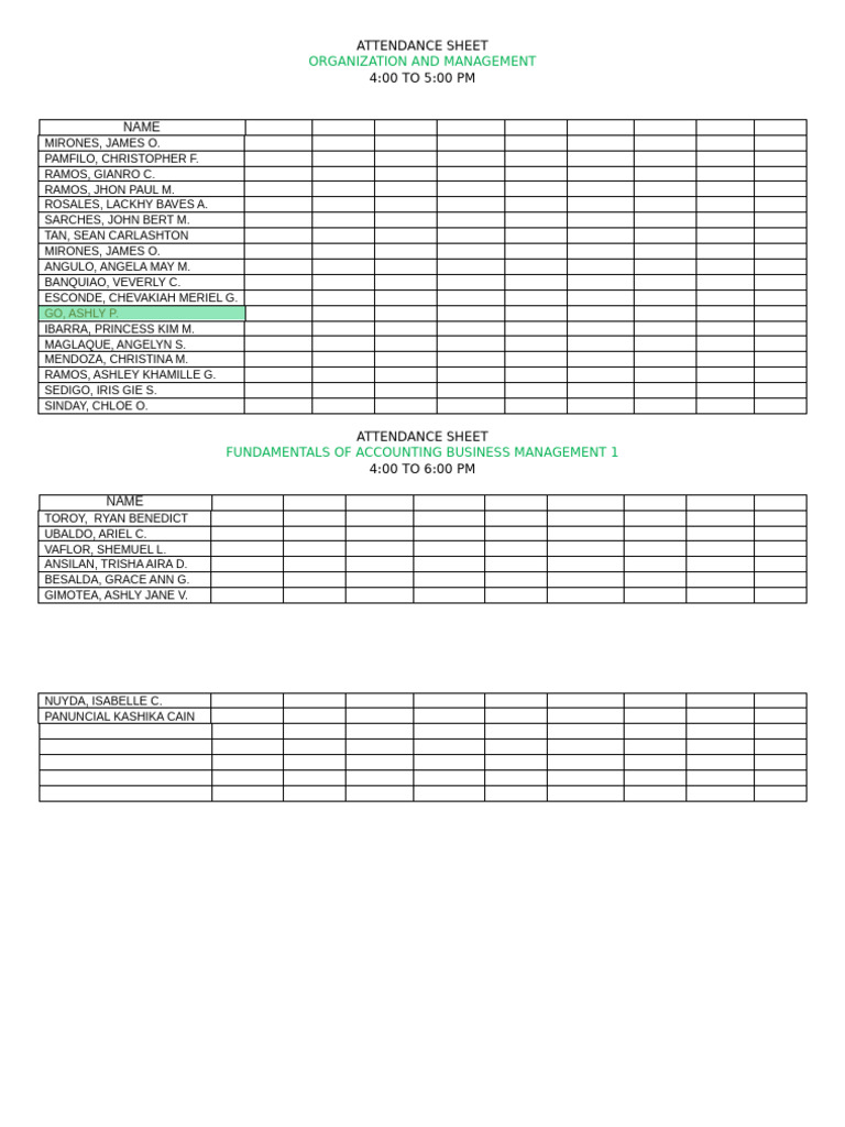 Attendance Sheet for Business Management | PDF
