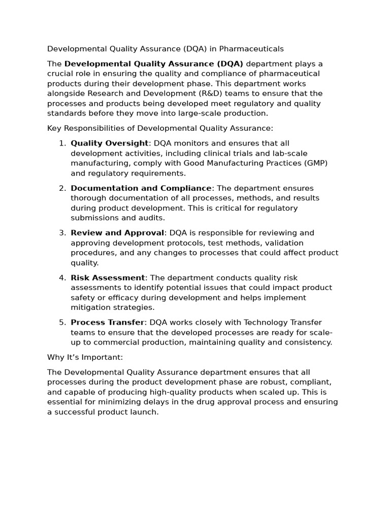 Role of DQA in Pharma Development | PDF | Business | Quality