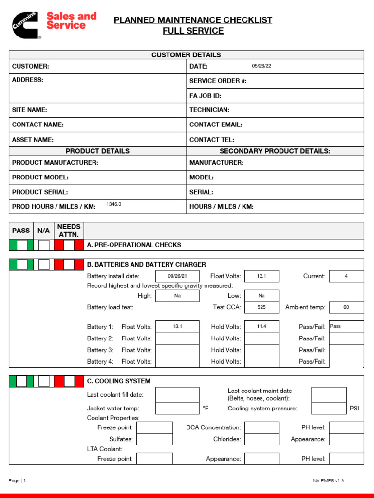 Planned Maintenance Checklist Full Service: Customer Details | PDF ...