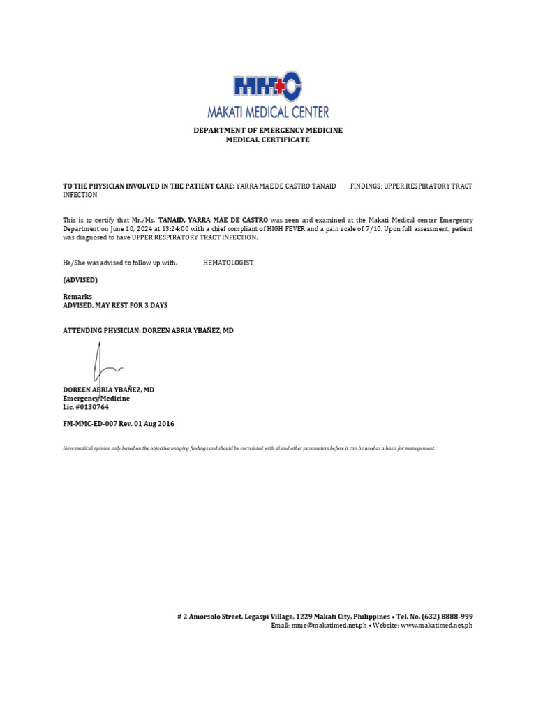 Medical Certificate: Upper Respiratory Infection | PDF