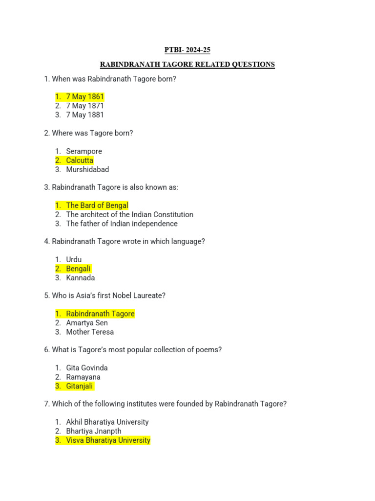 Rabindranath Tagore Quiz Questions | PDF | Rabindranath Tagore | Bengal