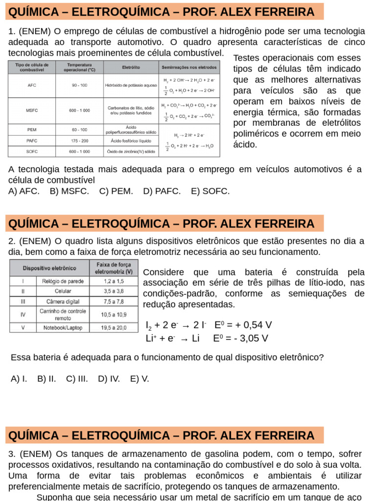 Questões de Eletroquímica para ENEM | PDF | Eletroquímica | Química