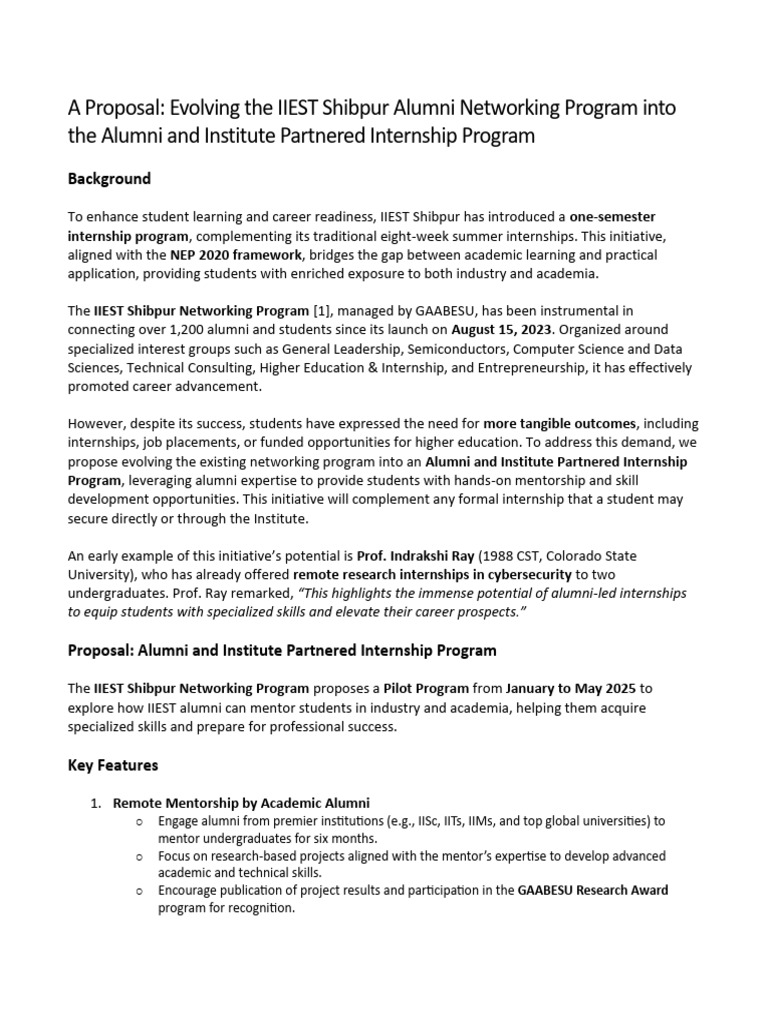 Alumni Internship Program Proposal at IIEST | PDF | Mentorship | Learning