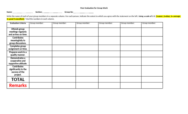 Group Work Peer Evaluation Form | PDF