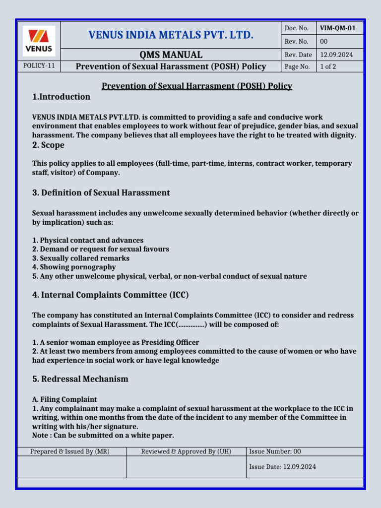 POSH Policy for Venus India Metals | PDF | Sexual Harassment | Human Rights