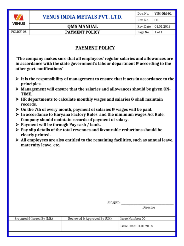 Venus India Metals Payment Policy | PDF