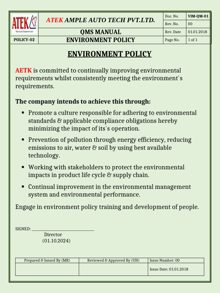 ATEK Auto Tech Environmental Policy | PDF