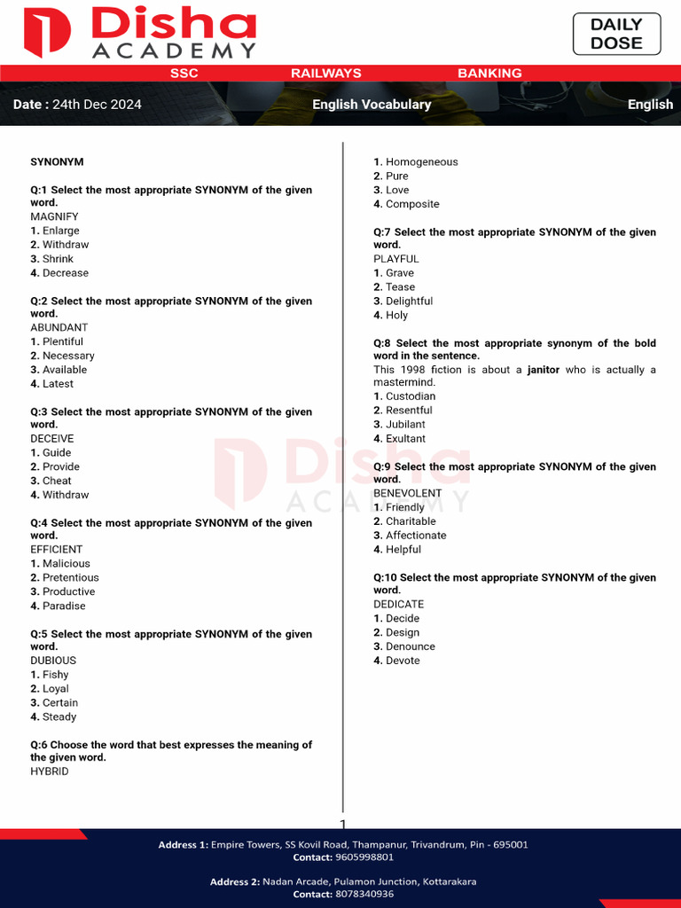 English Vocabulary - English - 24th Dec 2024 | PDF
