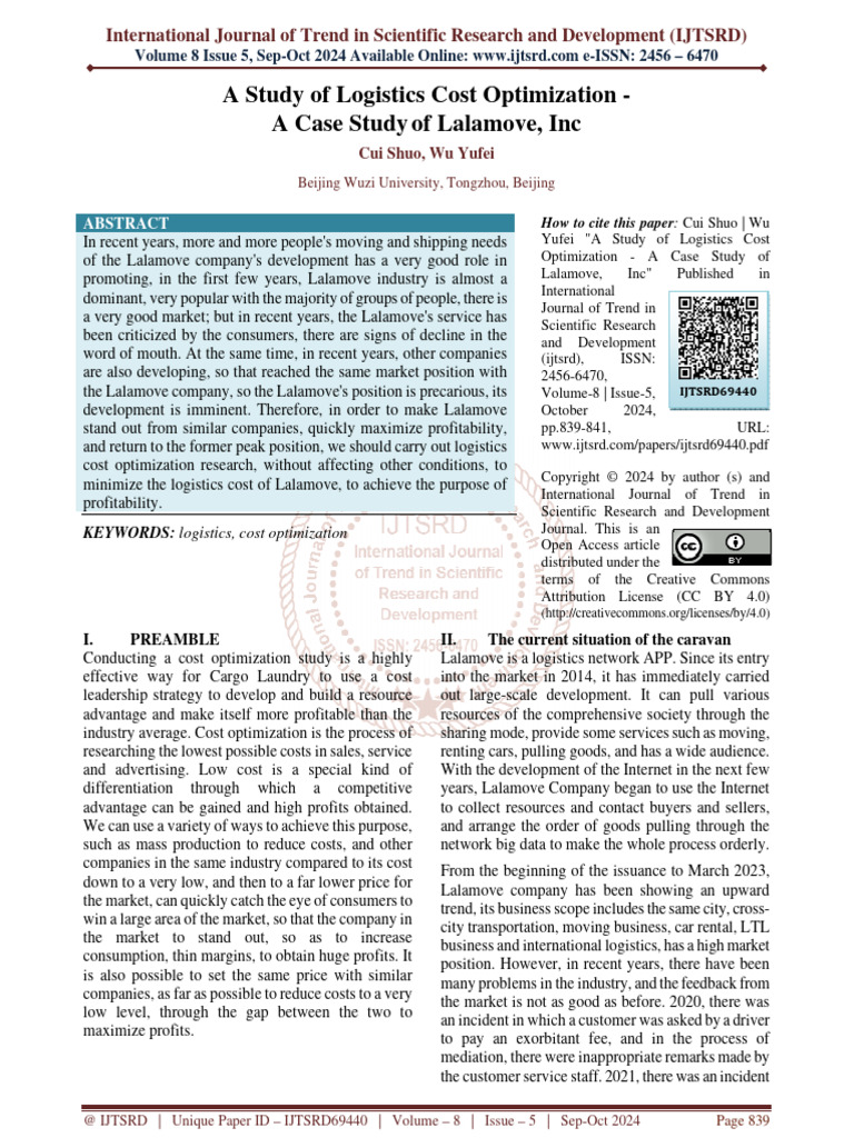 A Study of Logistics Cost Optimization A Case Study of Lalamove, Inc ...