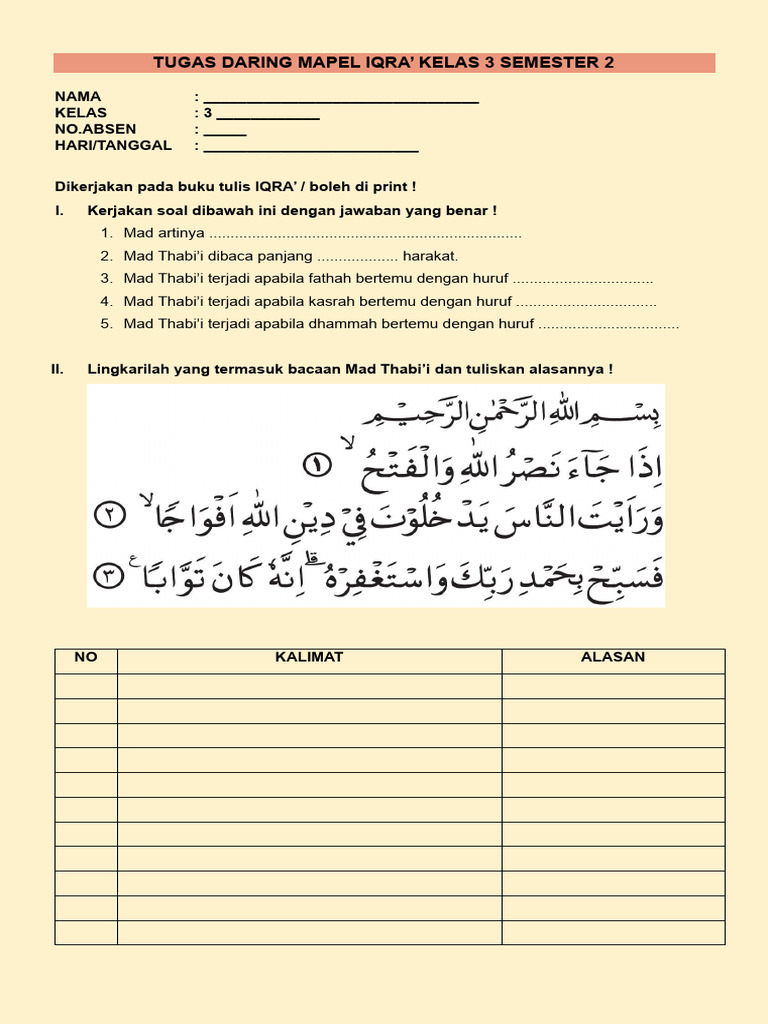 Tugas Daring Mapel Iqra' Kelas 3 Semester 2 | PDF