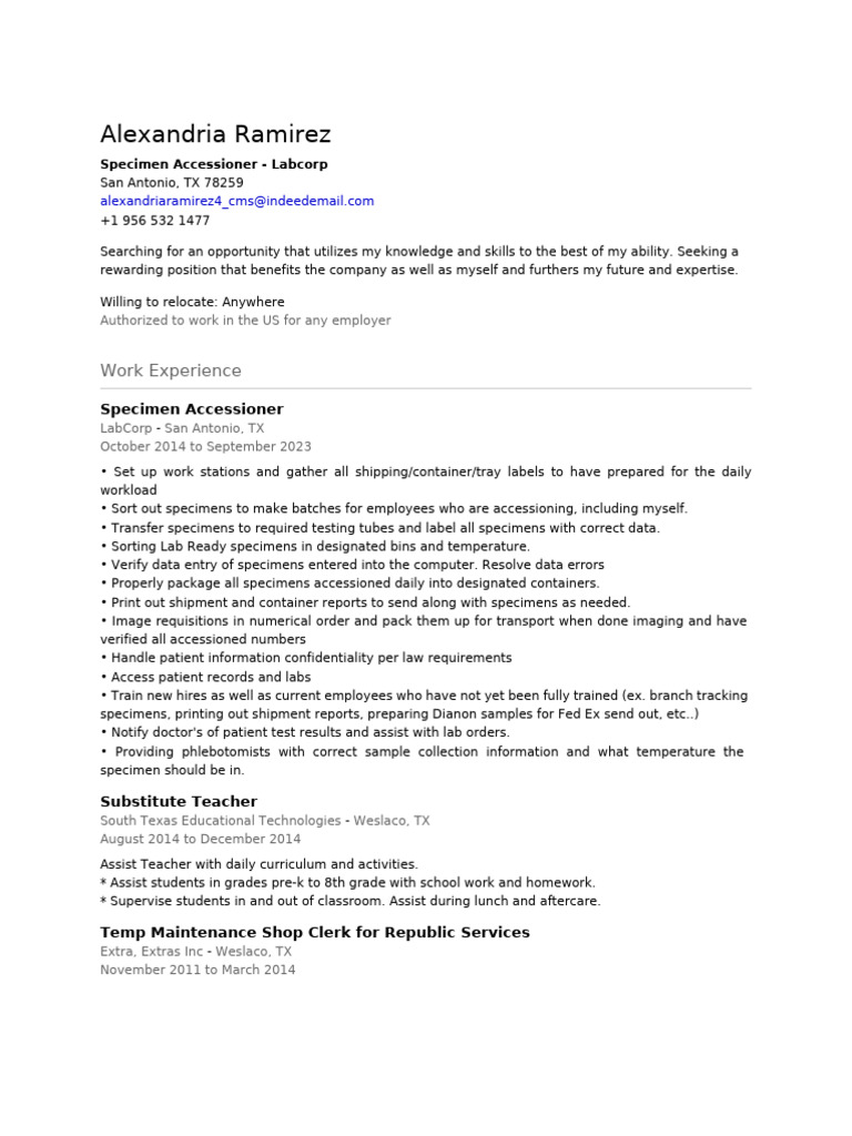 Labcorp Specimen Accessioner Resume | PDF