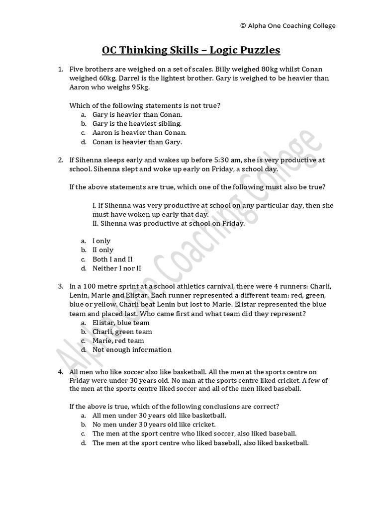 Logic Puzzles and Reasoning Exercises | PDF | Logic