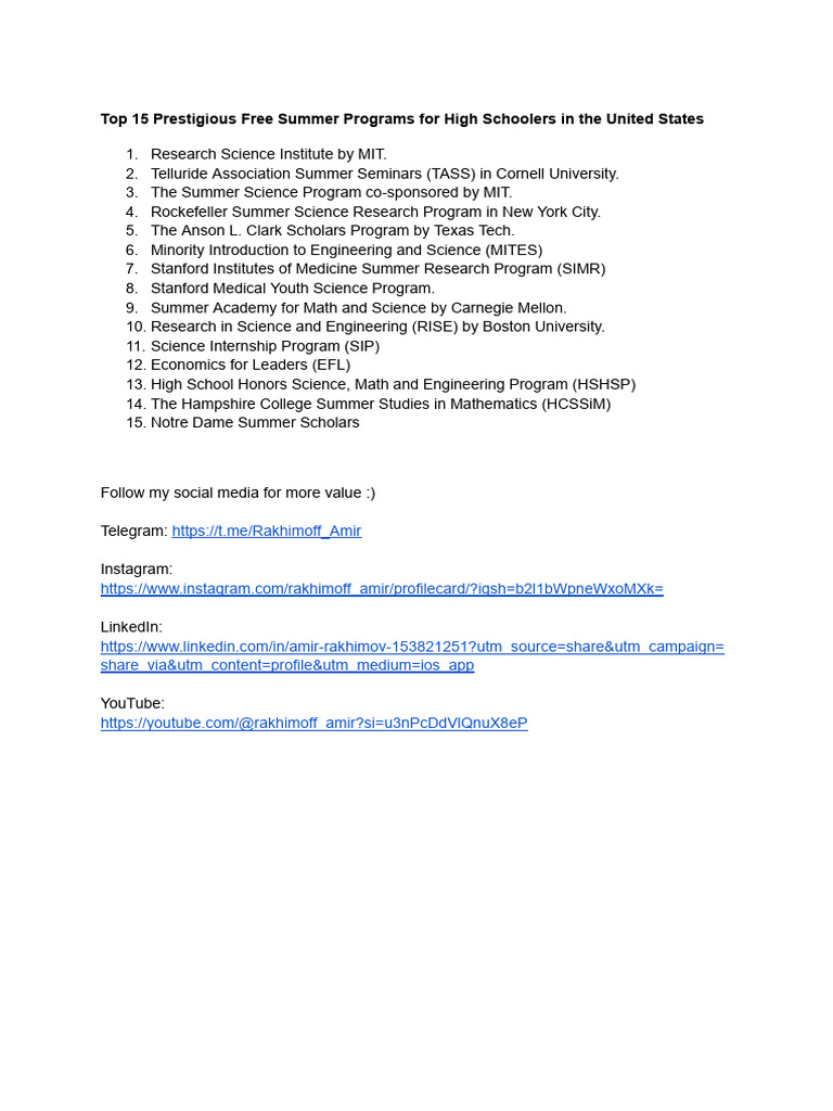 Top 15 Prestigious Free Summer Programs For High Schoolers in The ...