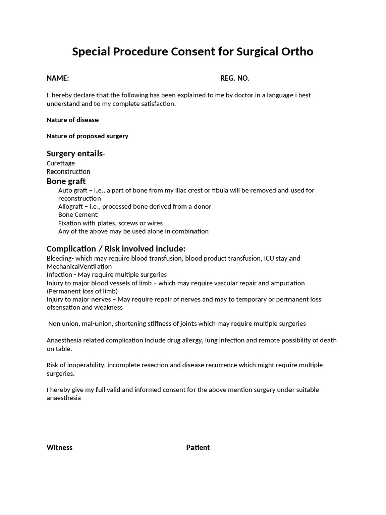 Bone Graft Surgery Consent Form | PDF