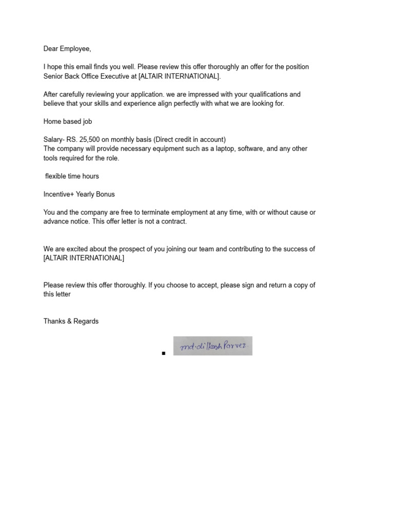 Senior Back Office Executive Offer Pdf