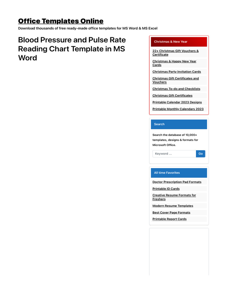 Blood Pressure and Pulse Rate Reading Chart Template in MS Word | PDF ...