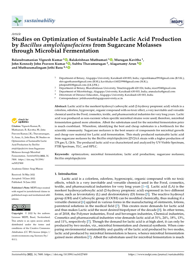 Sustainability 14 07400 | PDF | Lactic Acid | Fermentation