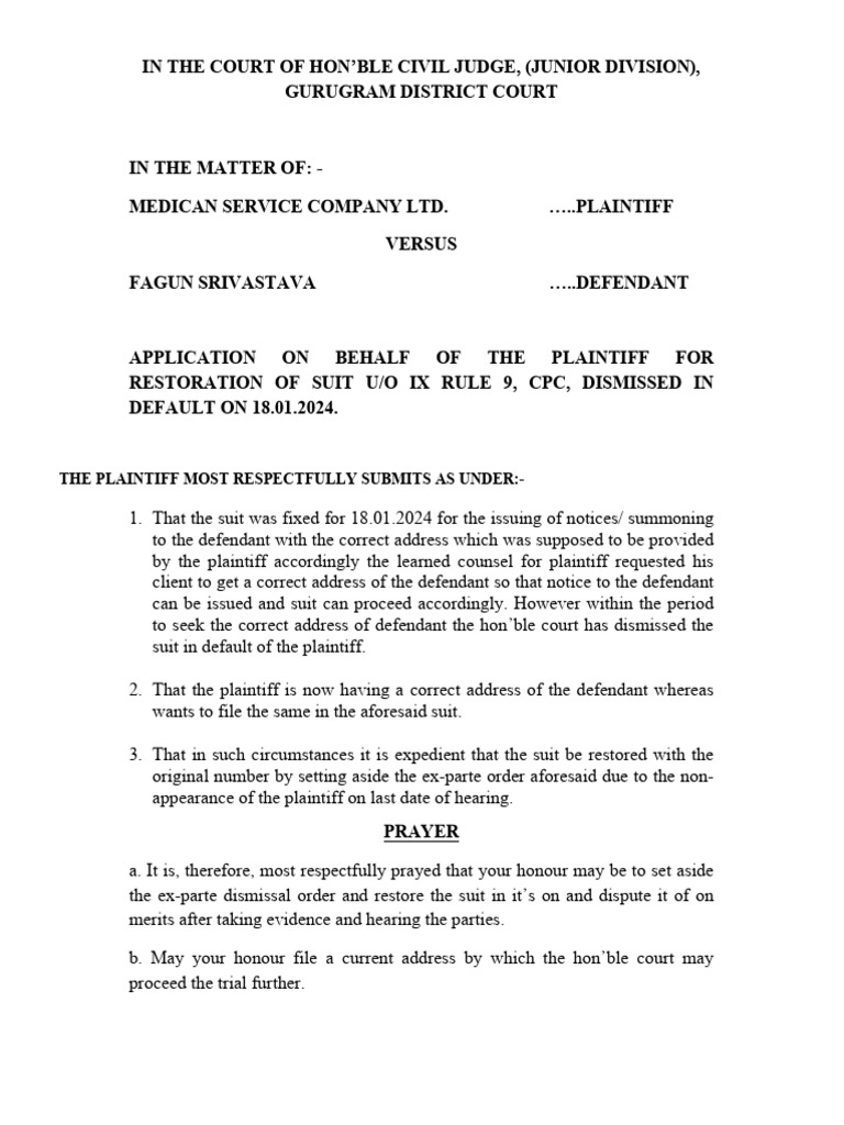 Restoration Application for Civil Suit | PDF | Lawsuit | Justice