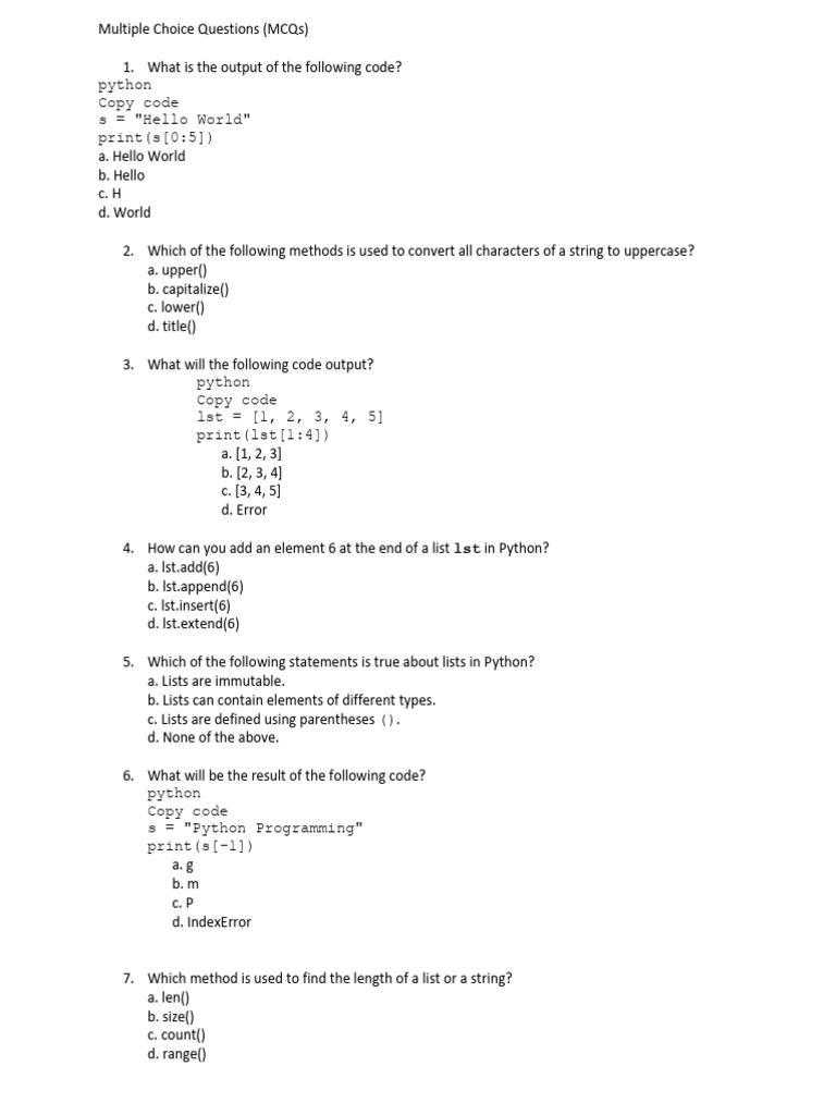 Python MCQs for Computer Science | PDF | String (Computer Science ...