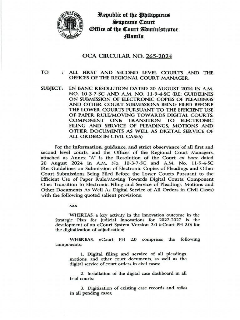 OCA Circular 265-2024: E-Filing Guidelines | PDF | Finance & Money ...