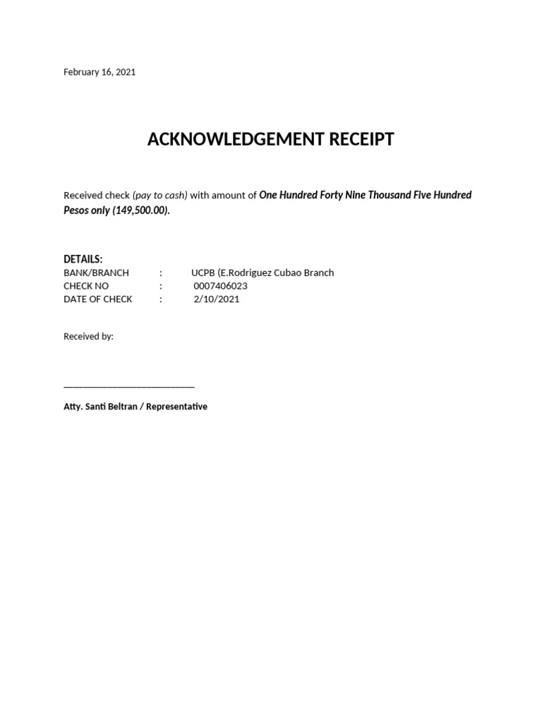 Acknowledgement Receipt: Received Check With Amount of | PDF