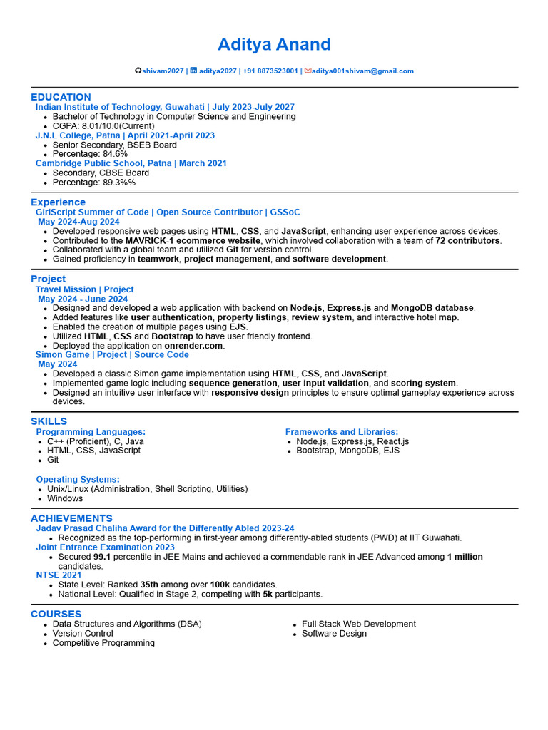 Aditya Anand's Tech Portfolio & Achievements | PDF | Java Script ...