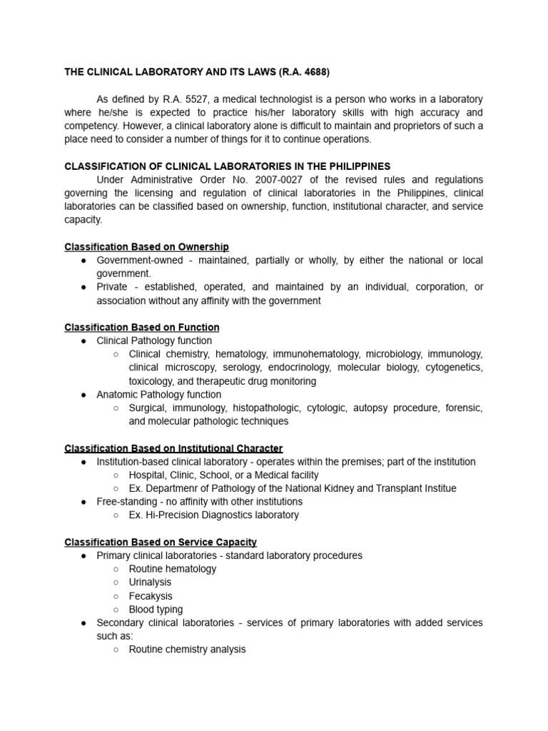 Overview of R.A. 4688 Clinical Lab Law | PDF | Pathology | Medical ...