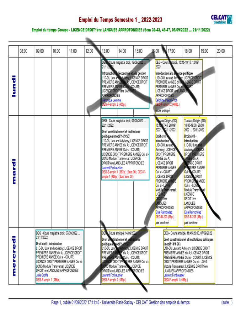 Emploi du Temps L1 Droit 2022-2023 | PDF