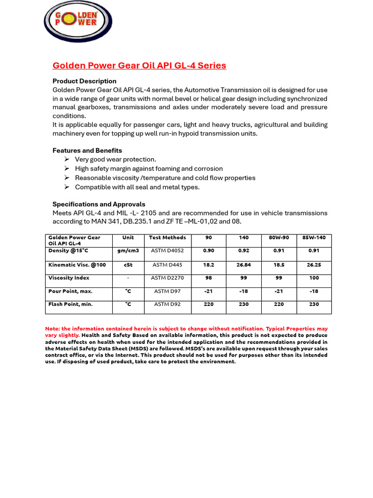 Golden Power Gear Oil API GL-4 Series | PDF