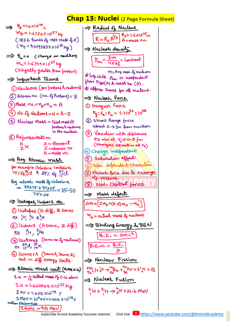 Nuclei Formula Sheet for Chapter 13 | PDF