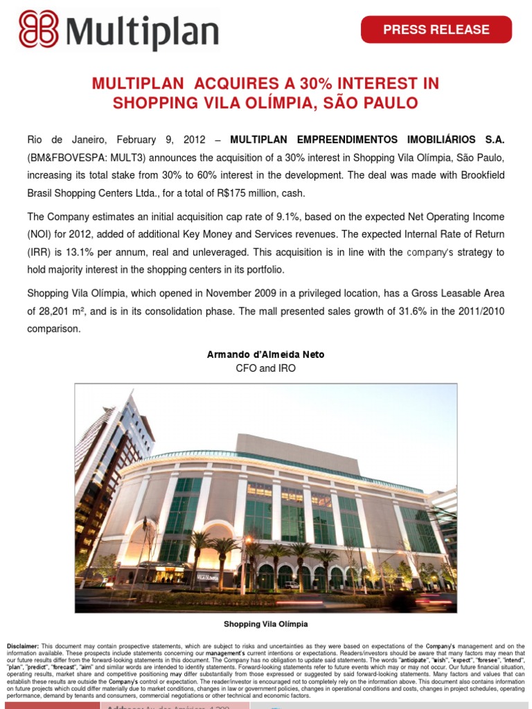 Multiplan Acquires 30% of Vila Olímpia | PDF | Internal Rate Of Return ...