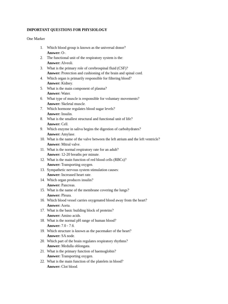 Important Questions For Physiology | PDF | Heart | Blood
